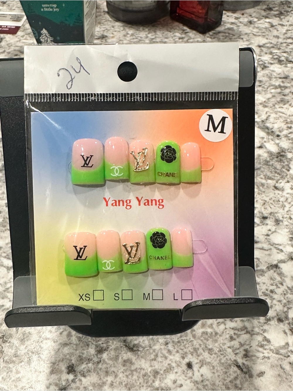 Green French Tip Press-On Nails with Designer Logos
